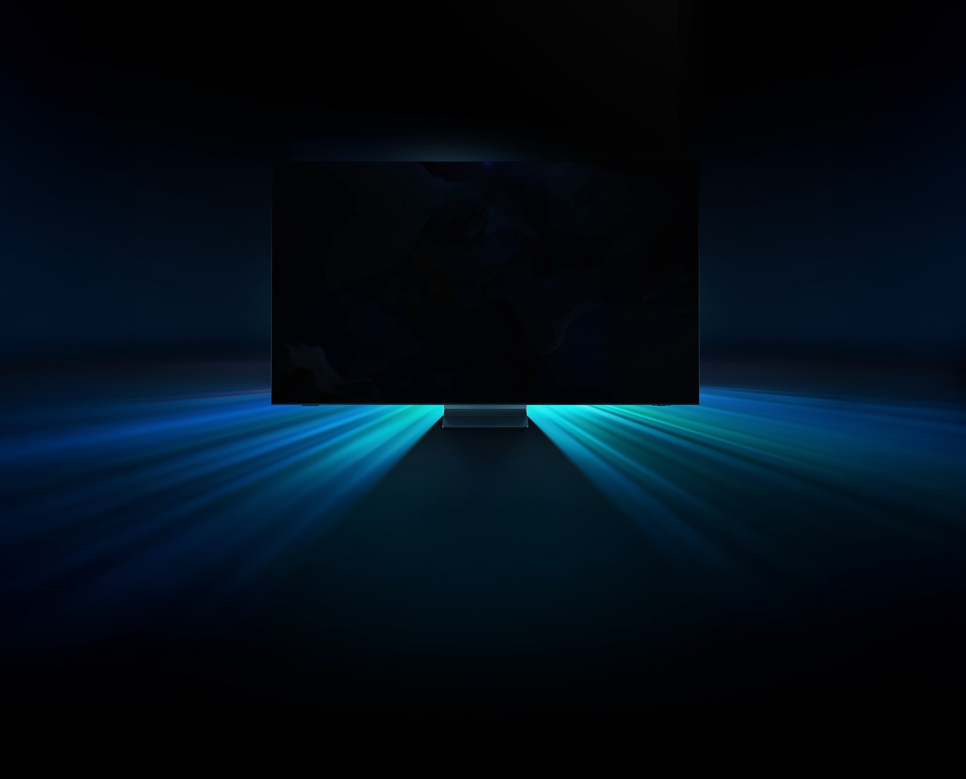 Un TV Samsung Neo QLED mostra sullo schermo un paesaggio ultraterreno di un vivido blu. Dal televisore escono raggi di vivida luce blu.