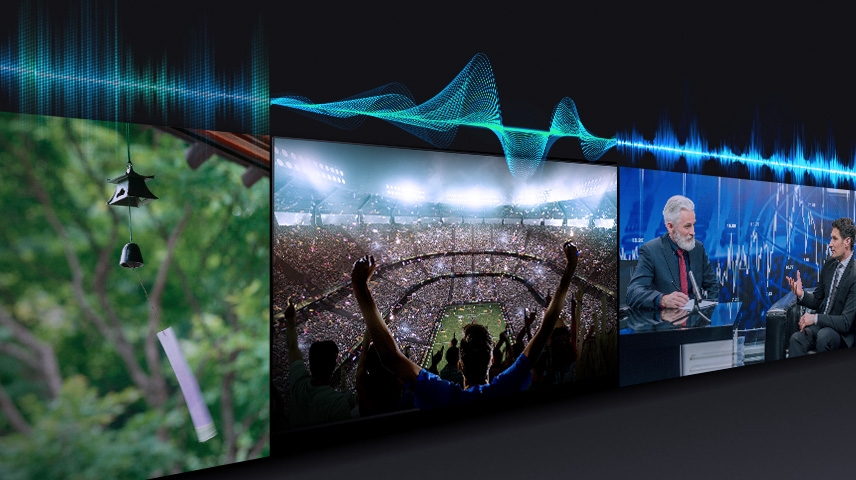Una barra audio sopra le scene di una campana a vento, di uno stadio e di un talk show dimostra che ogni scena ha un livello audio diverso.