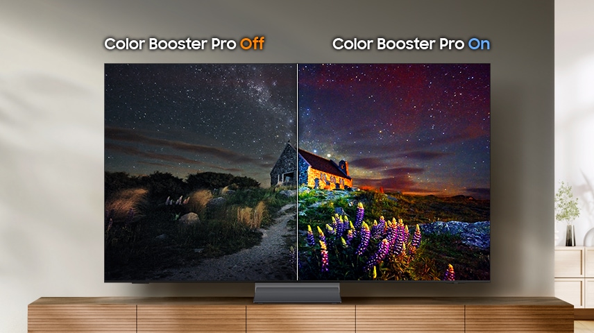 Su un TV, si vede una schermata divisa in due: la metà con Color Booster Pro Off è opaca, la metà con Color Booster Pro On è vivida.