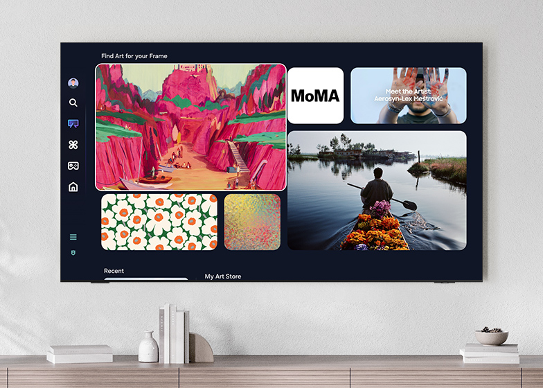 Un TV visualizza il Samsung Art Store con le opzioni per trovare le opere d'arte e scoprire artisti e istituzioni.