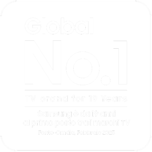 Il logo recita 'Da 19 anni il TV numero uno al mondo.' Samsung è da 19 anni il numero uno fra i marchi di televisori.