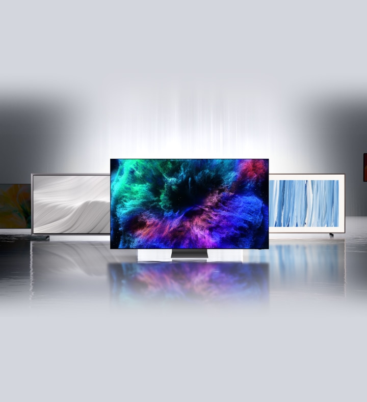Ekrānā redzama abstrakta ainava, kā no citas pasaules. Attālinājums, lai redzētu, ka tas ir fons, kas tiek rādīts Samsung Micro RGB televizorā. Ekrānā redzami arī četri citi Samsung televizori ar pārpasaulīgiem dizainiem. Vienā pusē OLED un Mini LED, otrā pusē Movingstyle un The Frame Pro.