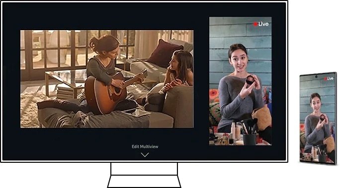 One of the Smart View features is the Multi View where you can share two screens on a TV display. Samsung TV displays two contents on its display. You can also AirPlay to Samsung TV.