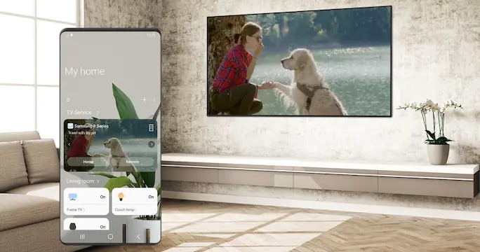 Connect Samsung phones to TV via Smart View now to enjoy mobile content on the big screen TV. A Galaxy smartphone is sharing its content to the TV screen via a screen mirror.