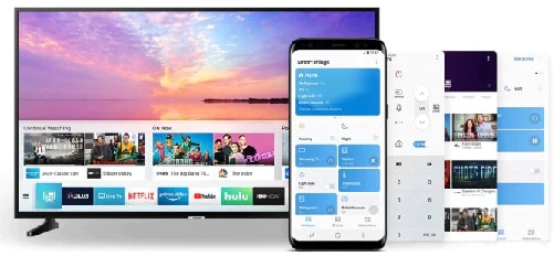 Explore the apps on Smart TV Samsung which are free and easy to install. A Smart TV with Smart Hubs interface and a smartphone with SmartThings app interface.