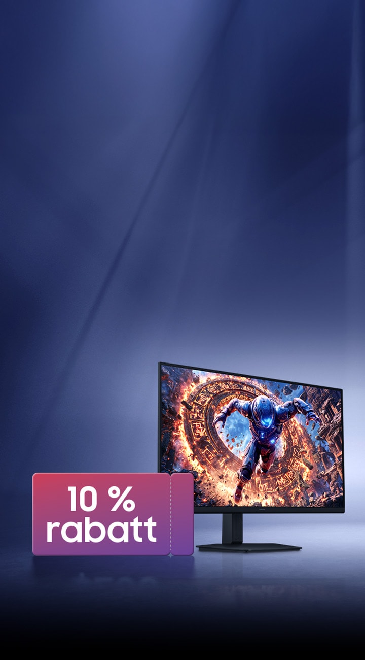 En Odyssey-gamingskjerm med headset, mus og tastatur. En kupong med teksten 10 % rabatt vises.