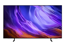 A Samsung OLED S85H TV displays abstract landscape in blue and red tones on screen.
