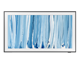 A Samsung The Frame Pro LS03HW TV displays abstract artwork in blue and white tones on screen.
