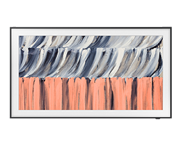 A Samsung The Frame Pro LS03HE TV displays abstract artwork in blue and white tones on screen.