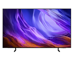 A Samsung OLED S85H TV displays white abstract landscape tinged in purple on screen.