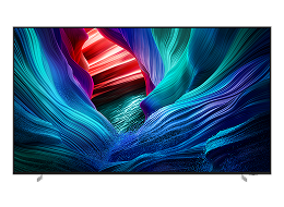 A Samsung Micro RGB MR95F TV displays colourful, abstract landscape on screen.