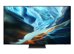 A Samsung OLED S90h TV displays abstract landscape in blue and red tones on screen.
