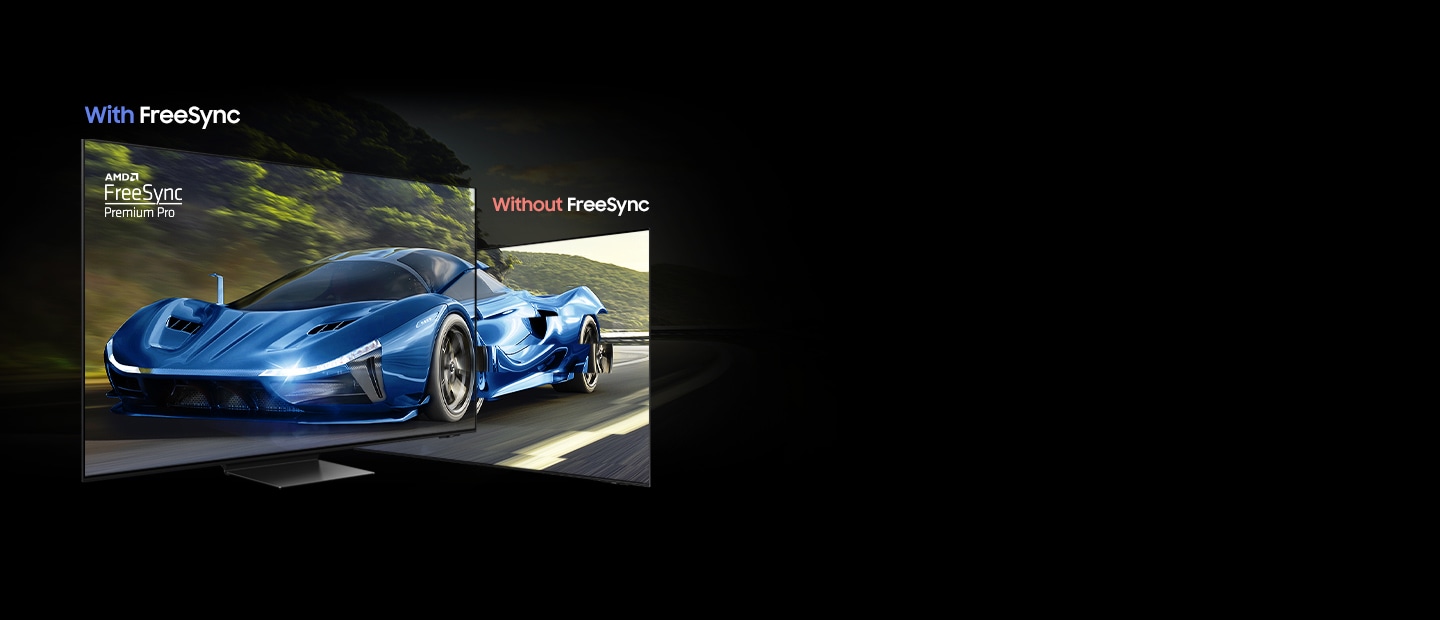 A TV with AMD FreeSync Premium Pro shows a smooth scene of a racecar. Without FreeSync, the same scene has image tearing.
						