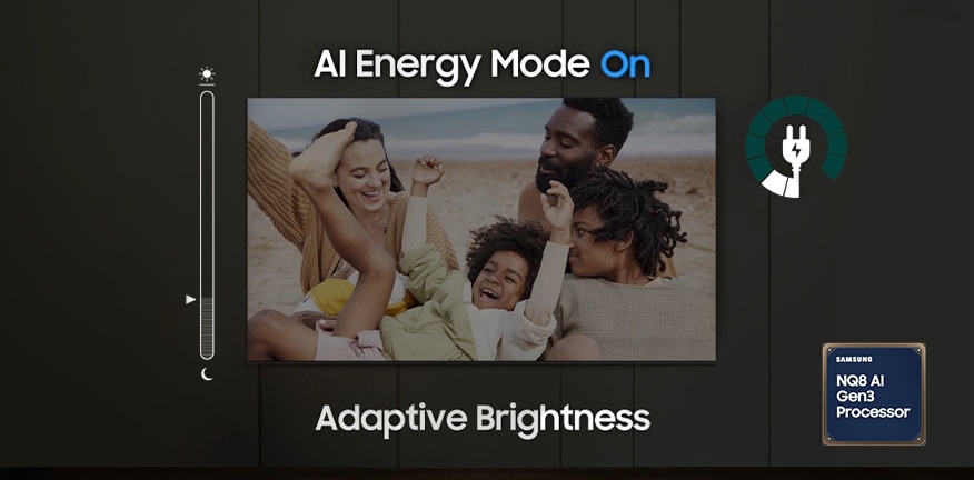 When AI Energy Mode is off, the surroundings around the TV appear bright. A smartphone screen displaying AI Energy Mode pops up, and it switches from Off to On. With adaptive brightness and AI Energy Mode activated, the energy level decreases significantly, and the scale shifts from day to night.