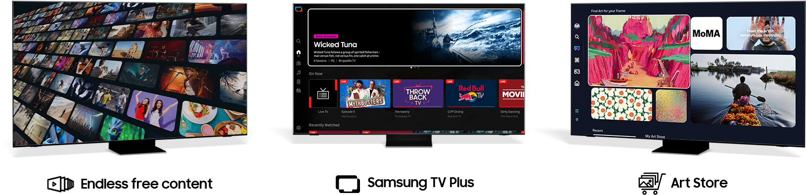 Three TVs showing the UI for Gaming Hub, Samsung TV Plus and Art Store.