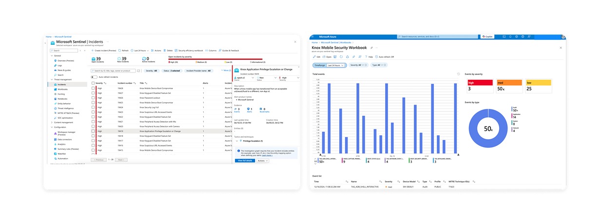 Zrzut ekranu strony Incidents w Microsoft Sentinel, pokazujący liczbę otwartych incydentów przefiltrowanych według poziomu ważności w całej flocie urządzeń Samsung Knox