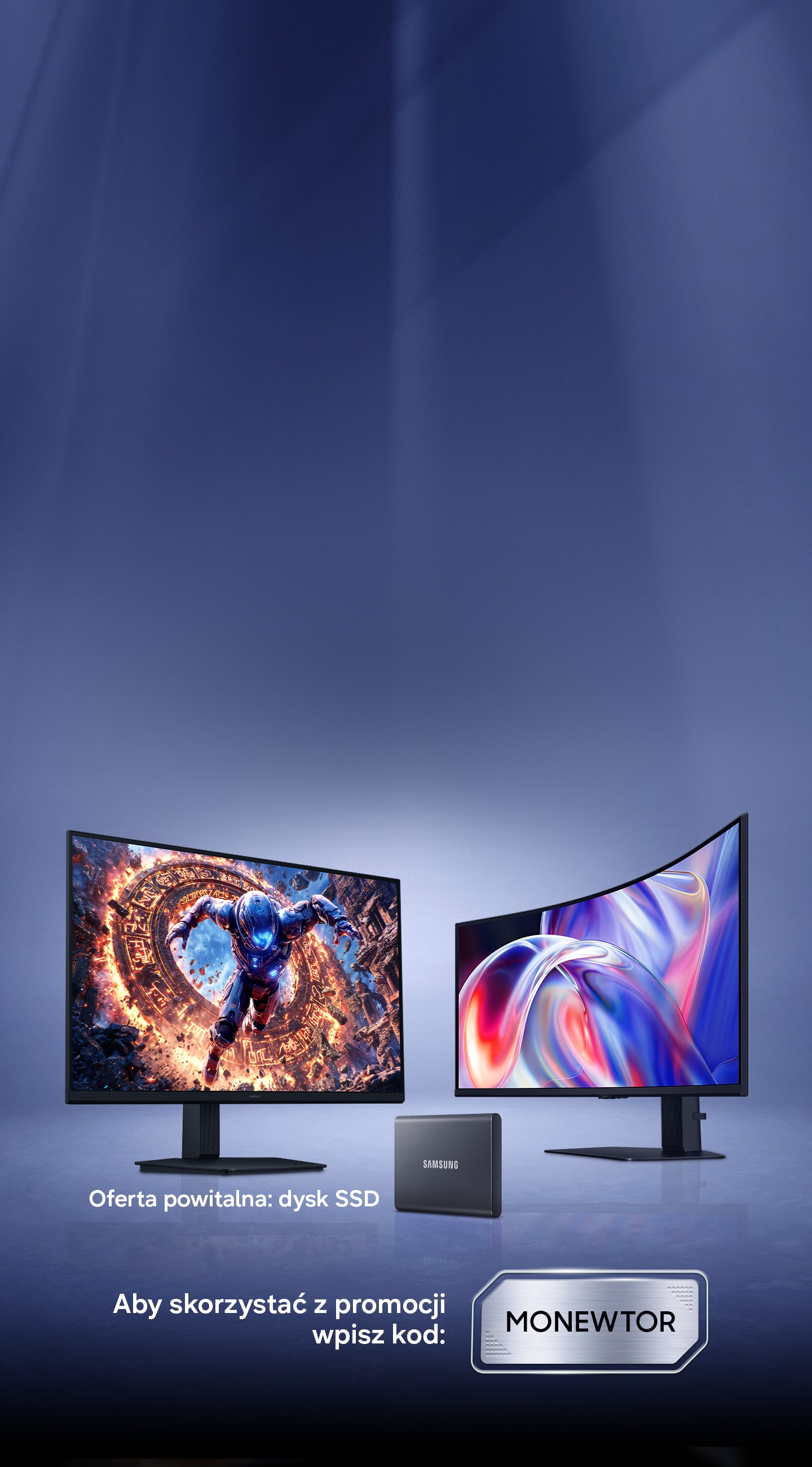 Monitor Odyssey wraz z zestawem słuchawkowym, myszą i klawiaturą.  Monitor ViewFinity wraz z dyskiem SSD.
