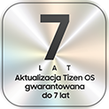 Metalowa plakietka z napisem „7 lat aktualizacji systemu operacyjnego za darmo” pogrubioną czcionką.