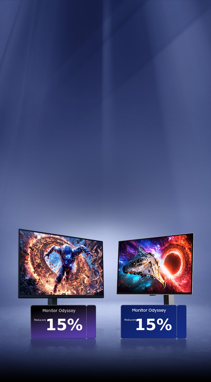 Un monitor Odyssey cu căști, mouse și tastatură. Un cupon pentru cadouri gratuite în valoare de până la 200 USD. Un monitor ViewFinity cu SSD și un cupon pentru cadouri gratuite în valoare de până la 100 USD.