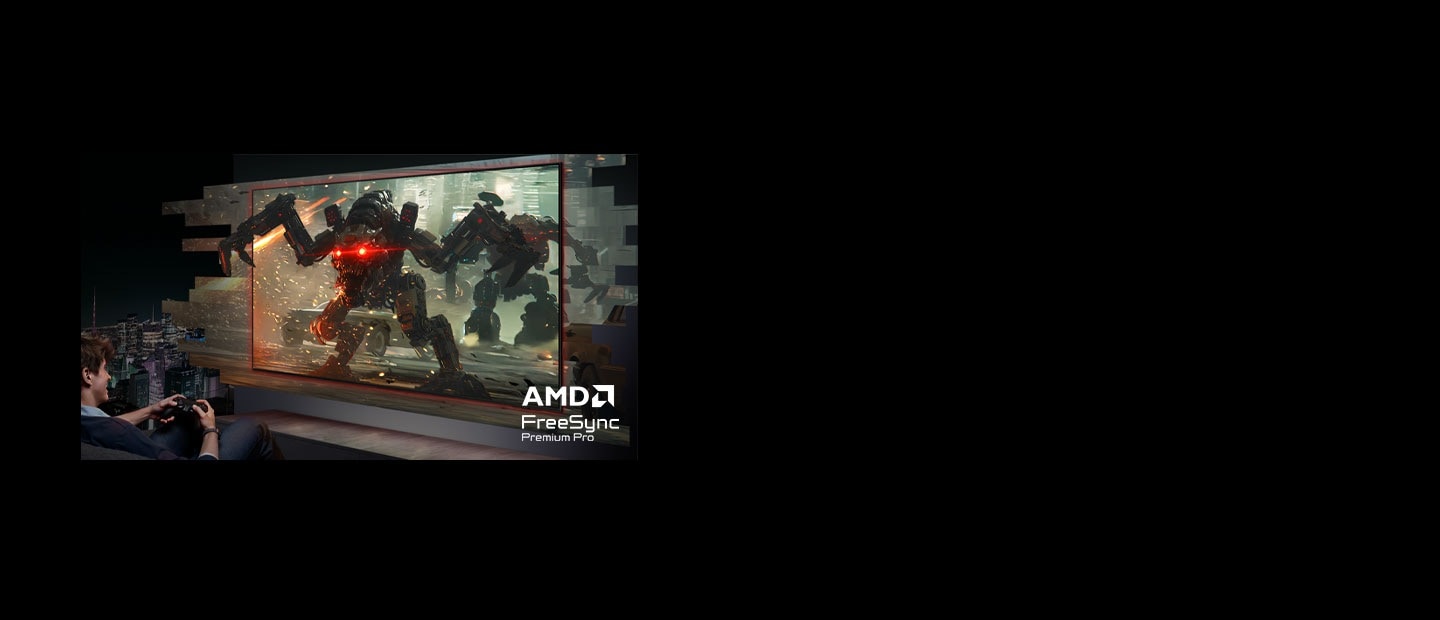 [Телевизор с ÁMD F~rééS~ýñc P~rémí~úm Pr~ó показывает плавную сцену гоночного автомобиля. Без Fré~éSýñ~c та же сцена имеет разрывы изображения..]
                        