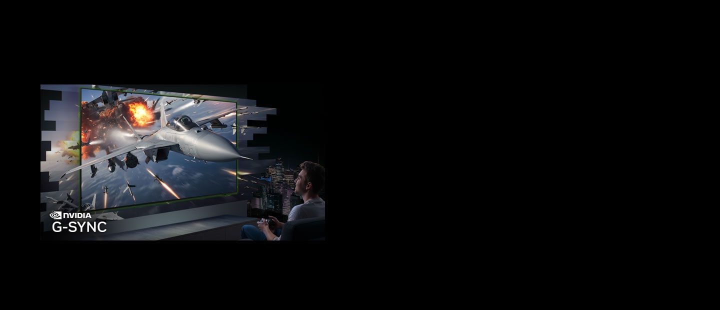 Man gaming on a Samsung OLED TV. An action-filled air combat game scene appears to pop out of the screen. NVIDIA G-Sync logo.
						