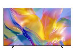 A Samsung Mini LED M80H TV displays abstract landscape in blue and red tones on screen.