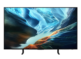 A Samsung OLED S95H TV displays white abstract landscape tinged in purple on screen.