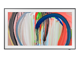 A Samsung The Frame LS03HA TV displays colorful artwork on screen.