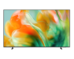 A Samsung Mini LED M80H TV displays orange and green abstract design on screen.