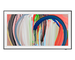 A Samsung The Frame LS03HA TV displays colorful artwork on screen.