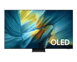 A Samsung Micro RGB R85H TV displays colorful, abstract landscape on screen.