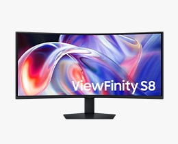 A Samsung OLED S85H TV displays abstract landscape in blue and red tones on screen.