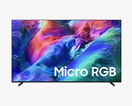 A Samsung Micro RGB R85H TV displays colorful, abstract landscape on screen.