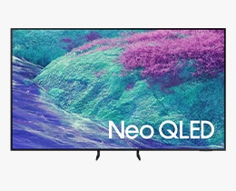 A Samsung Mini LED M80H TV displays abstract landscape in blue and red tones on screen.