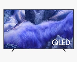 A Samsung OLED S85H TV displays abstract landscape in blue and red tones on screen.