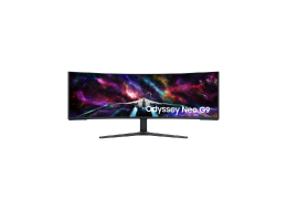 A Samsung OLED S85H TV displays abstract landscape in blue and red tones on screen.