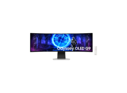 A Samsung OLED S95H TV displays white abstract landscape tinged in purple on screen.