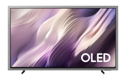 A Samsung OLED S95H TV displays white abstract landscape tinged in purple on screen.