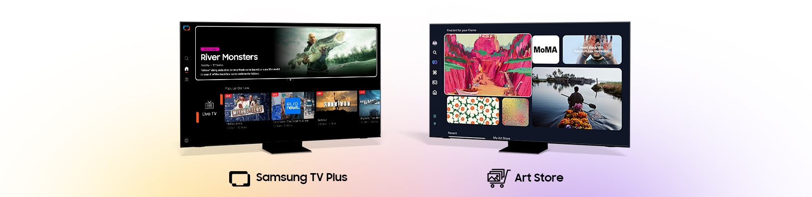 Three TVs showing the UI for Gaming Hub, Samsung TV Plus and Art Store.