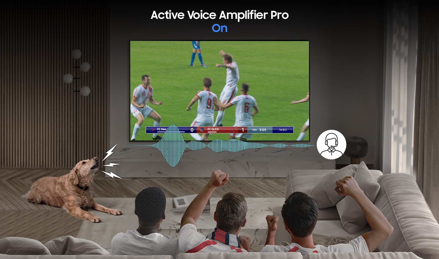 Sports fans watch a soccer game on TV. Active Voice Amplifier Pro turns On in response to a noisy dog for clear voice audio.