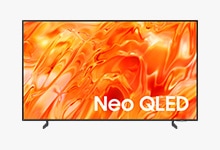 A Samsung Neo QLED QN70H TV displays colorful, abstract landscape on screen.