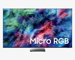 A Samsung Micro RGB R95H TV displays colorful, abstract landscape on screen.