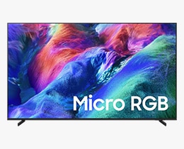 A Samsung Micro RGB R95H TV displays colorful, abstract landscape on screen.