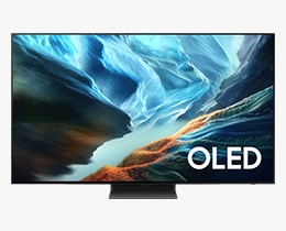 A Samsung OLED S90H TV displays colorful, abstract landscape on screen.