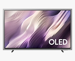 A Samsung OLED S95H TV displays white abstract landscape tinged in purple on screen.