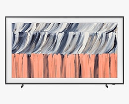 A Samsung The Frame LS03HE TV displays abstract artwork in blue and white tones on screen.