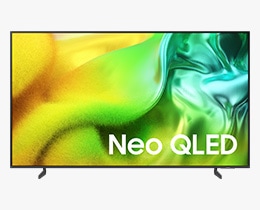 A Samsung Neo QLED QN1EH TV displays colorful, abstract landscape on screen.