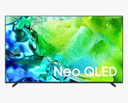 A Samsung Neo QLED QN80H TV displays colorful, abstract landscape on screen.