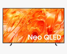 A Samsung Neo QLED QN70H TV displays colorful, abstract landscape on screen.