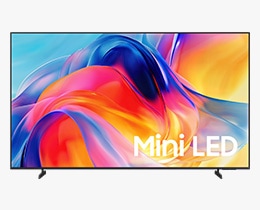 A Samsung Mini LED M75H TV displays orange and green abstract design on screen.